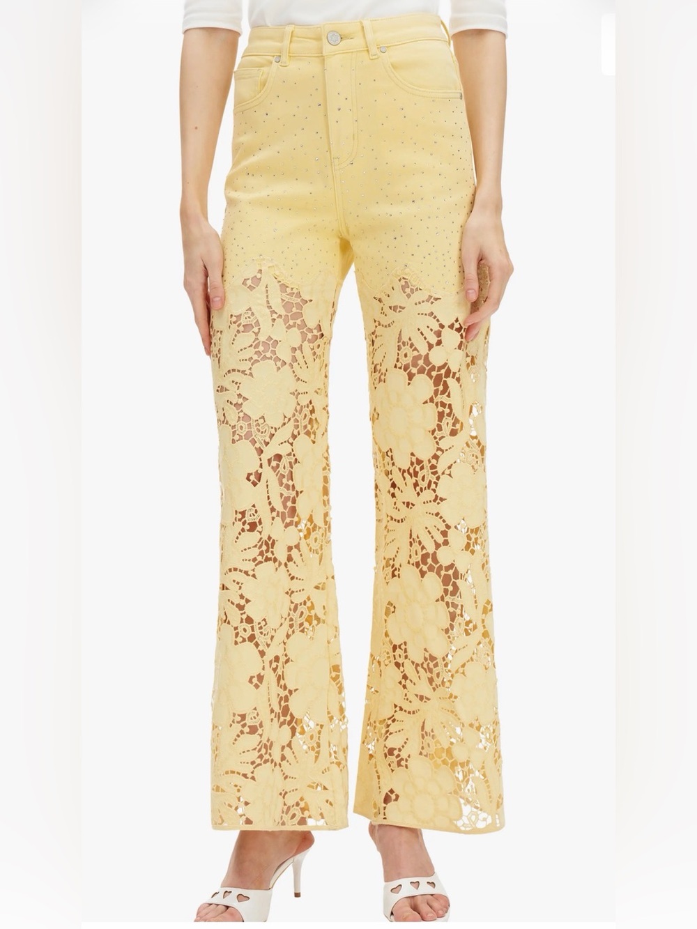 Bayeas Yellow Lace-Trim Wide Leg Jeans